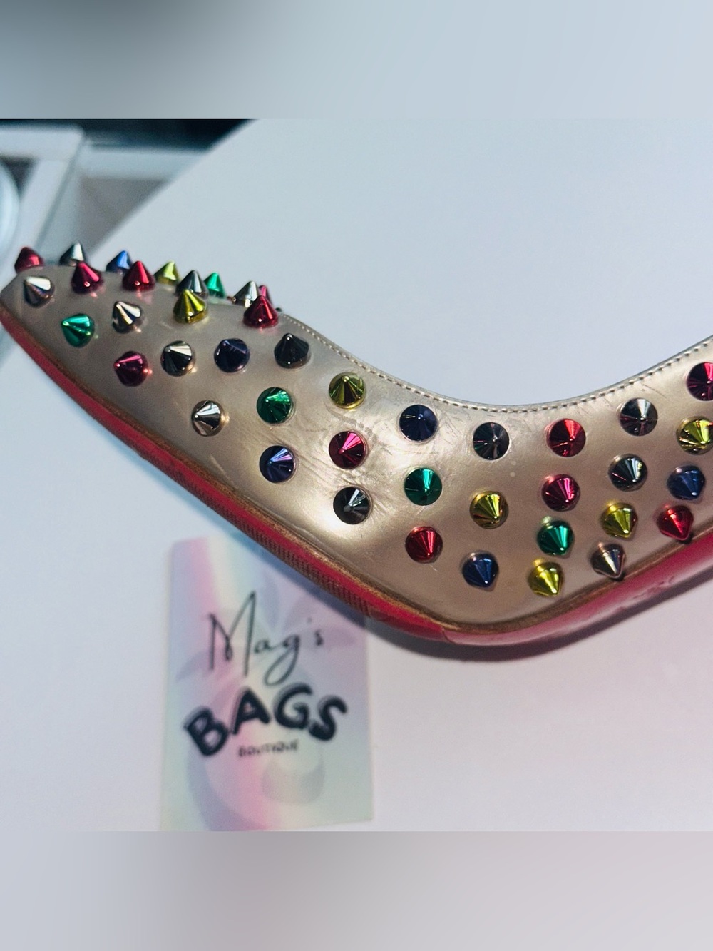 Louboutin: Multicolor Follies Spikes 100 Beige Specchio Studded Heels *RARE* - Picture 14 of 17